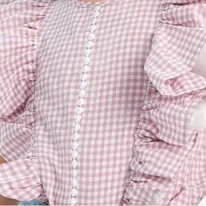 SHEIN Girls Gingham Print Giupure Lace Insert Buttefly Sleve Blouse